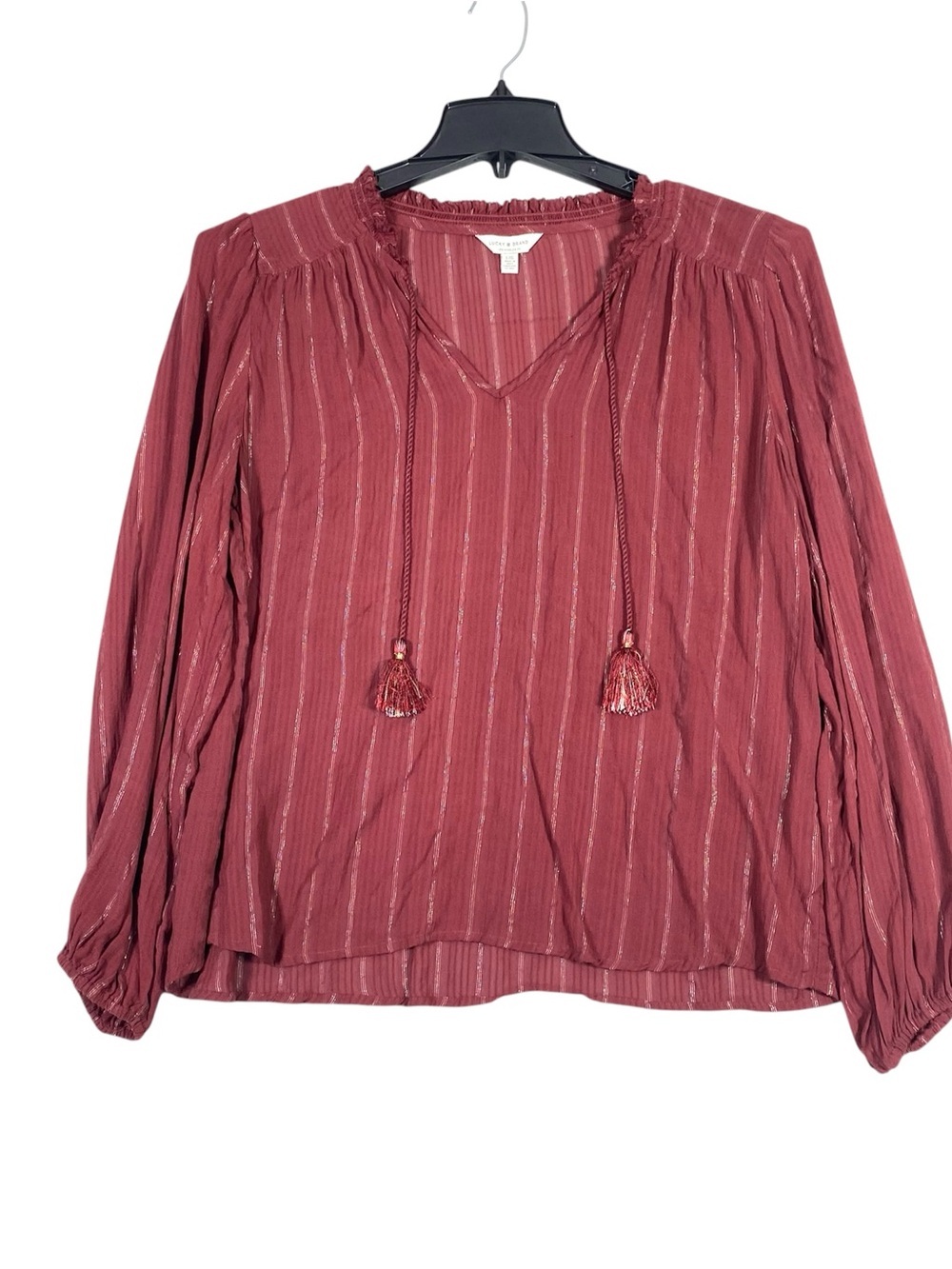 Lucky Brand Metallic Stripe Popover Peasant Blouse Women's L Brick Red Tassels